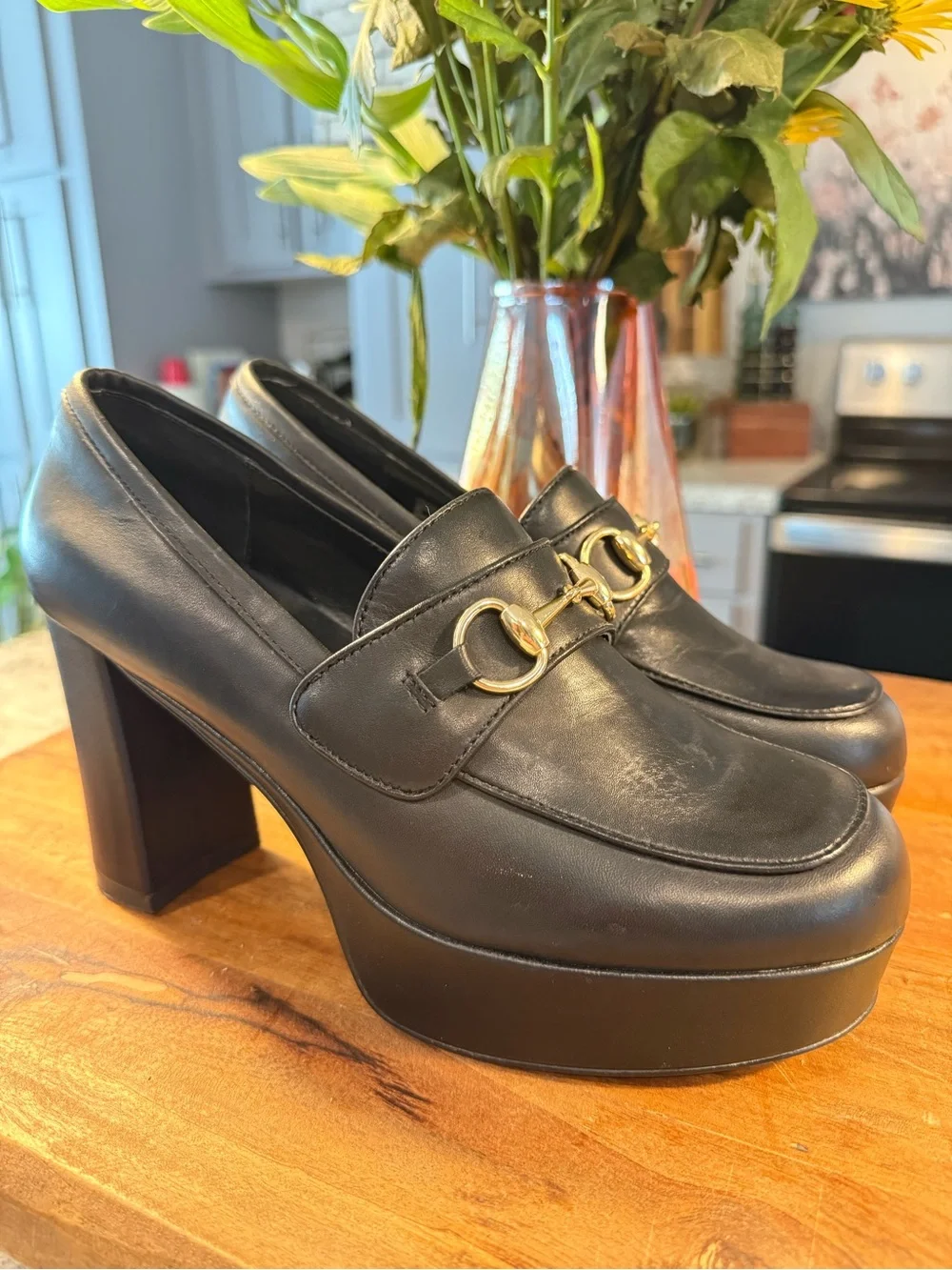 Steve Madden Cinderella Black Leather Platform Loafers with Gold Hardware